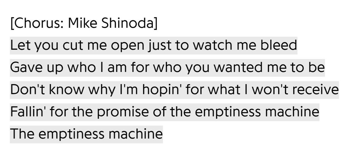 i know it's not new exactly, but i just heard the emptiness machine by linkin park and MAN these lyrics HIT