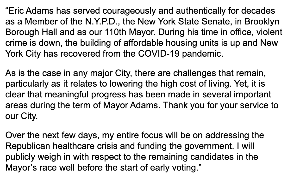 daveweigel's tweet image. In statement, Hakeem Jeffries has some praise for Adams&apos;s record, and says he will &quot;publicly weigh in with respect to the remaining candidates in the Mayor’s race well before the start of early voting.” (That&apos;s Oct. 25.)