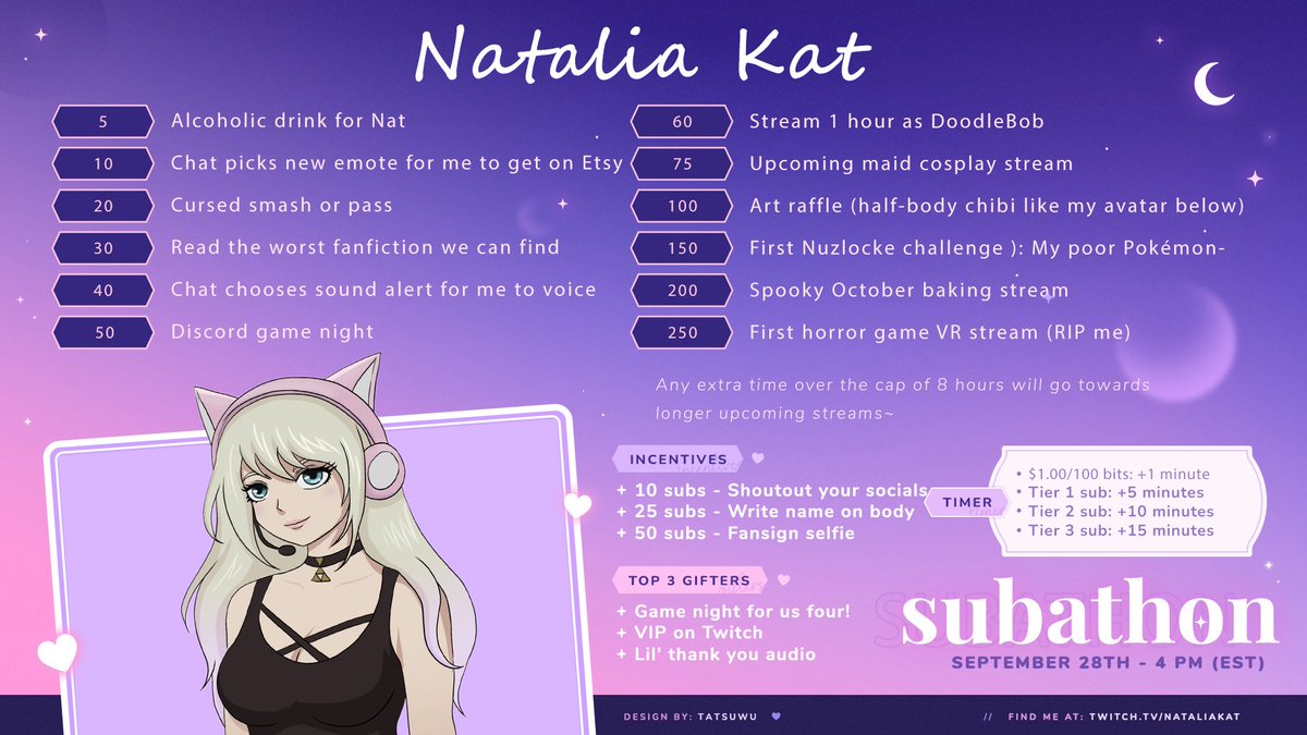 Natalia_Kat_'s tweet photo. Hello lovely humans! Today at 4 pm EST we’ll be doing a lil’ subathon before the SUBtember event ends on Twitch 💜 I’ll be doing a longer stream than usual, with lots of games and activities if you wanna join in 🥰 https://t.co/rFS6HABHiz