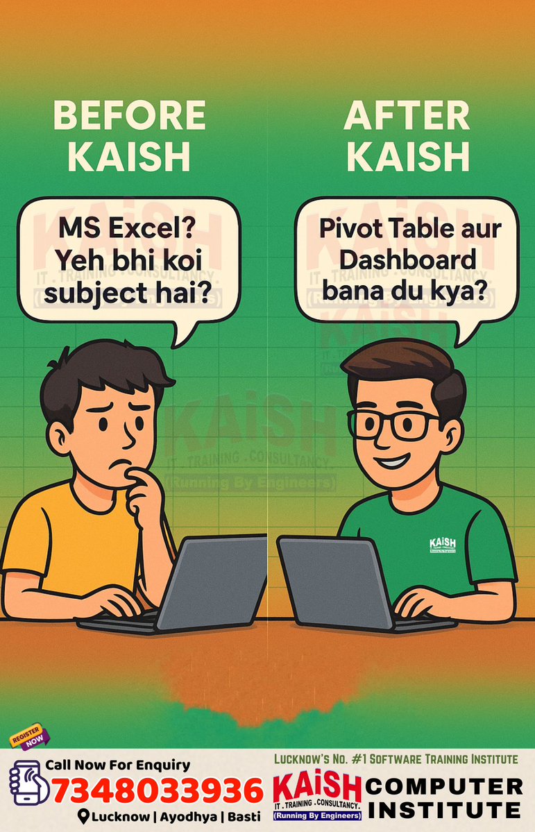 Kaishclasses's tweet image. Before KAiSH: &quot;MS Excel? Yeh bhi koi subject hai?&quot;
After KAiSH: &quot;Pivot Table aur Dashboard bana du kya?&quot; 😏

From basics to pro — all under one roof 🧠
#KAiSHComputer #AdvancedExcel