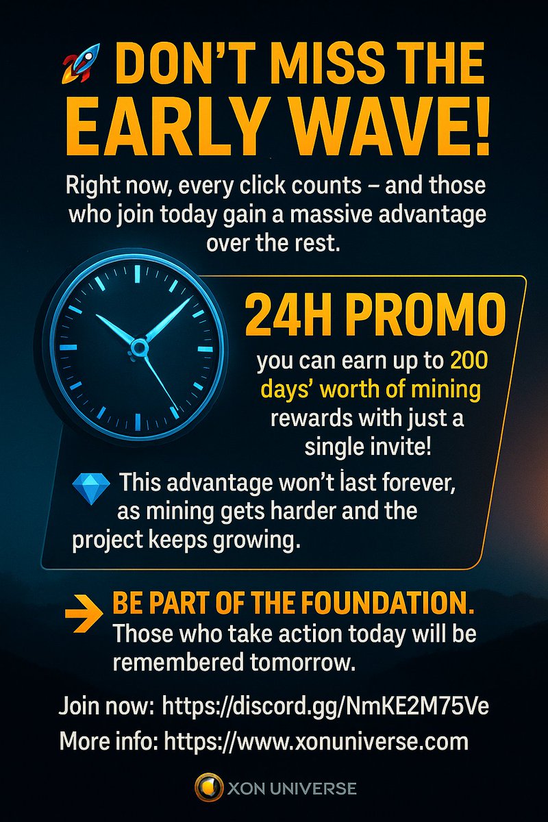 UniverseXON's tweet photo. 🚀 Don’t miss the early wave!
Right now, every click counts — and those who join today gain a massive advantage over the rest.

💎 Plus, with the next 24-hour promo, you can earn up to 200 days’ worth of mining rewards with just a single invite!
🌍 This advantage won’t last forever, as mining gets harder and the project keeps growing.

👉 Be part of the foundation. Those who take action today will be remembered tomorrow.

🔗 Join now: https://t.co/vON6FUMizI
🌐 More info: https://t.co/zlMsCyzlxA