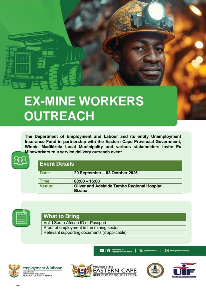 deptoflabour's tweet photo. The Department and its entity @UIFBenefits in partnership with @EASTERNCAPEGOV, Winnie Madikizela Local Municipality and various stakeholders invite #ExMineworkers to a service delivery outreach event.
#Yazini #ServicedeliveryZA #GovZAUpdates #HeritageMonth https://t.co/hJuCuWvoTy