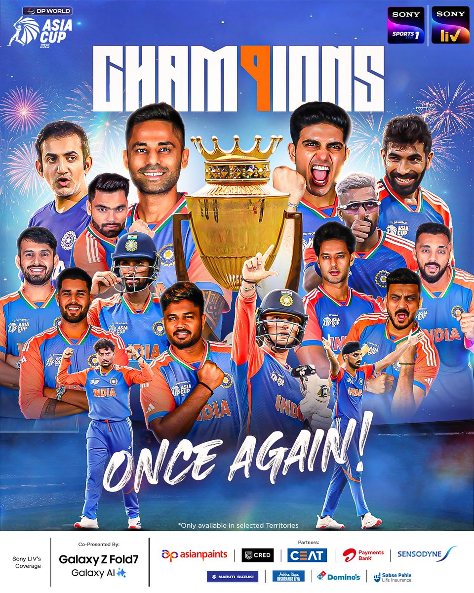 SonyLIV's tweet photo. Champions of Asia once again! 🏆

#TeamIndia lifts their 9️⃣th #AsiaCup trophy after making it 3-0 against Pakistan 🙌

#DPWORLDASIACUP2025 #SonyLIV https://t.co/nkLyqAtwXa