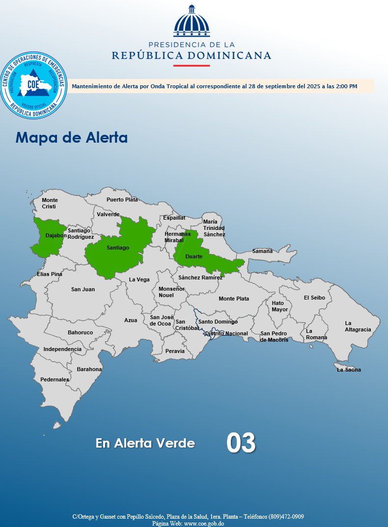 El COE mantiene 03 provincias en alerta verde, debido a que el informe del INDOMET, establece que la mañana transcurre con chubascos aislados y de corta duración.