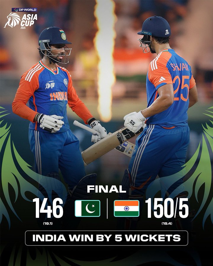 #INDvPAK What a match, What a thriller! India beats Pakistan by 5 wickets to win the Asia Cup 2025 final 🏆

Congratulations India on their 9th Asia Cup title 🇮🇳👏

#INDvPAK #AsiaCup2025