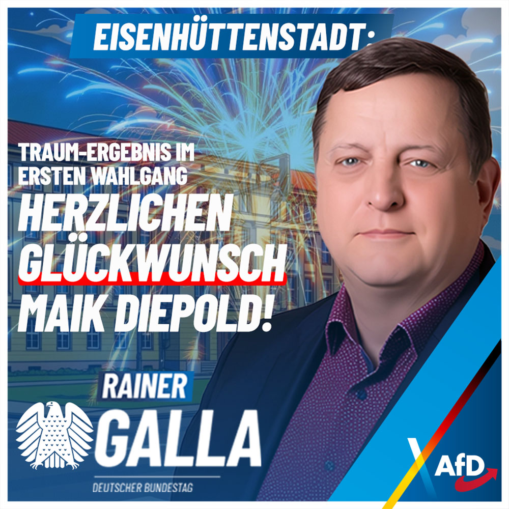 Knapp 38 % für den #AfD-Kandidaten bei der #Bürgermeister #Wahl in #Eisenhüttenstadt: Rainer #Galla (MdB): "Das ist wirklich ein phantastisches Wahlergebnis. Ich gratuliere meinem Parteifreund Maik Diepold herzlich zu diesem unglaublichen Erfolg."

postly.app/47GG