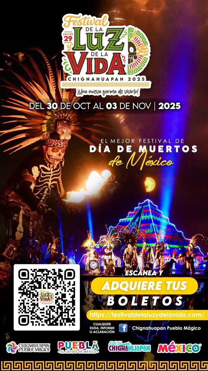 Nos complace anunciar que ahora pueden adquir sus boletos de manera fácil y rápida. En la imagen encontrarán un CÓDIGO QR que los llevará directamente a la plataforma de compra, o bien o pueden visitar el enlace oficial…

 ➡️ festivaldelaluzydelavida.com

Elige las fechas disponibles