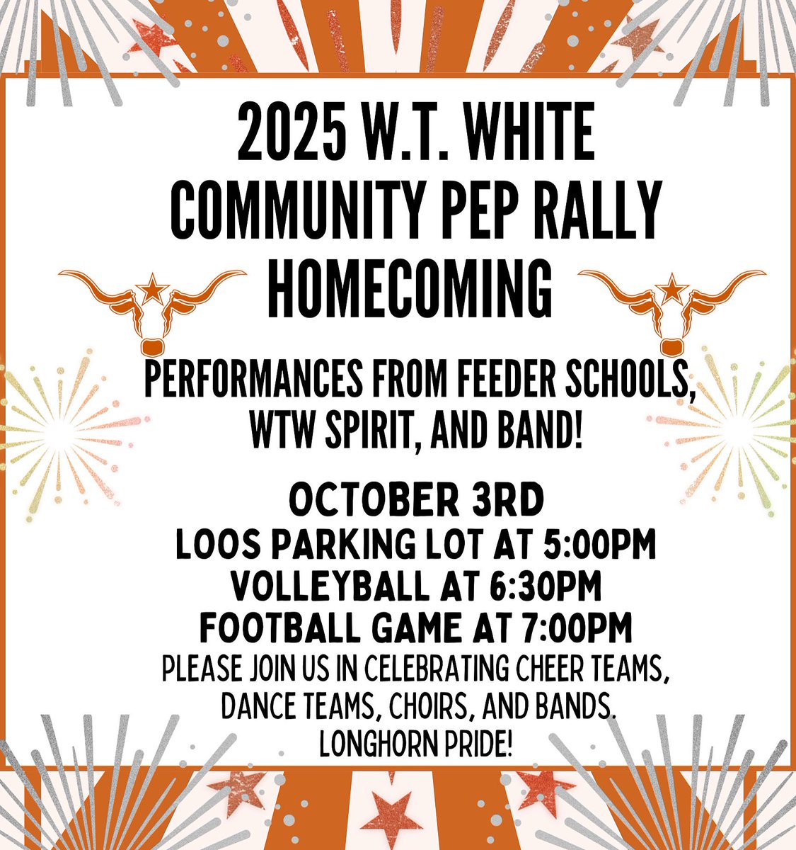 E.D. Walker Middle School (@edwalkerms) on Twitter photo Longhorn HoCo Pep Rally this Friday at 5:00pm featuring performances by Walker,  Prestonwood and more! 💚💙🧡 Longhorn HoCo Pep Rally this Friday at 5:00pm featuring performances by Walker,  Prestonwood and more! 💚💙🧡