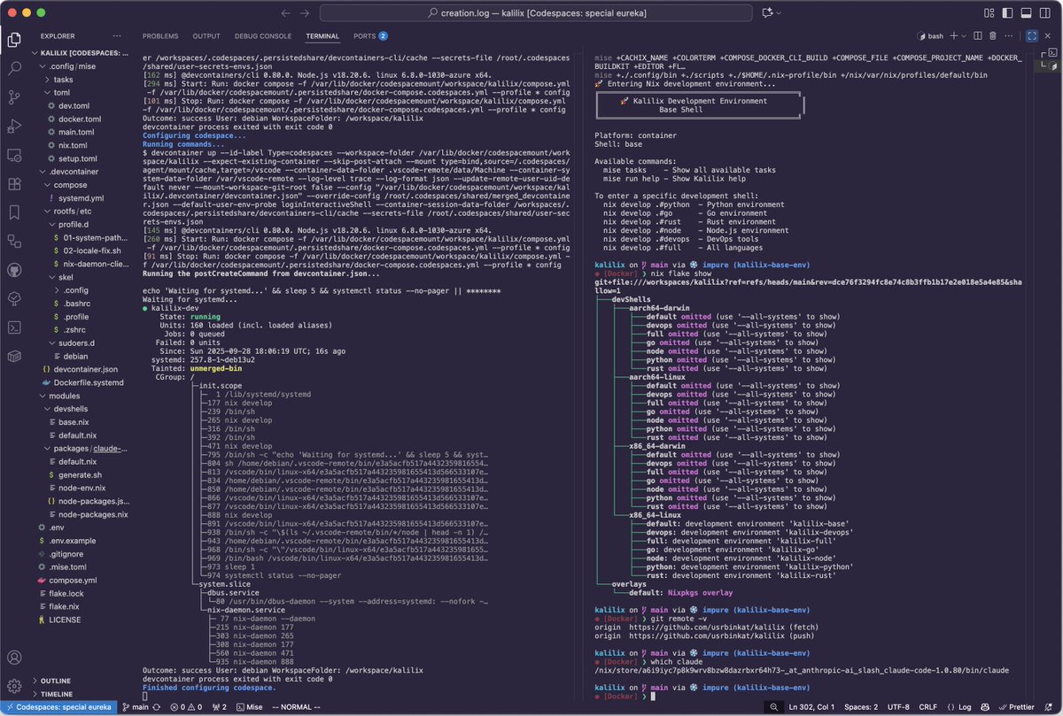 Okay, from top to bottom.

✅GitHub Codespaces
✅Docker Compose
✅Devcontainer
✅Debian Trixie 13
✅Systemd
✅<a href="/DeterminateSys/">Determinate Systems</a> Nix Installer
✅Nix Flake

Now to develop the flake itself 👩‍🍳🔥✨