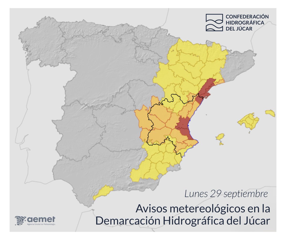 Avisos <a href="/AEMET_Esp/">AEMET</a> | Lunes 29 septiembre

🟥Riesgo extremo en todo el litoral de València y litoral norte de Castellón

🟧Riesgo importante en casi todo el resto de la Demarcación

⚠️Peligro de crecidas e inundaciones repentinas en cauces y ramblas

➕Info: saih.chj.es