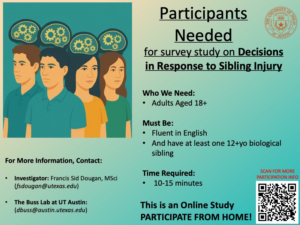 📊Please participate, and share my research!📊
HAVE SIBLINGS? Take my 10-15 minute online survey study investigating decisions in response to sibling injury.  Must have at least one 12+yo biological brother/sister. 
*LINK IN FIRST COMMENT*  
PLEASE RETWEET / SHARE WIDELY