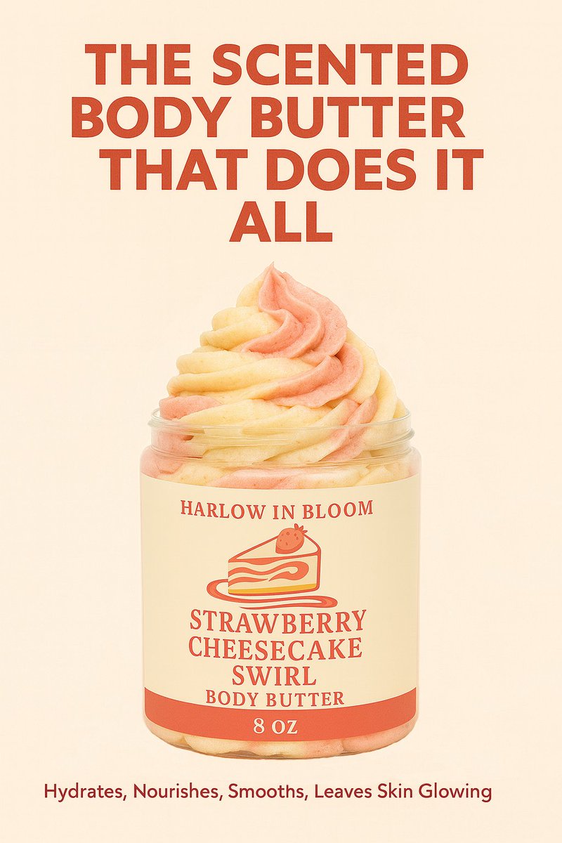 HarlowInBloom's tweet photo. ✨ Dessert for your skin. ✨
Our Strawberry Cheesecake Swirl Body Butter hydrates, nourishes & leaves you glowing. 🍓🍰
Why settle for plain when your skincare can feel this sweet? 💕

🛒 Shop https://t.co/QQh42czCA0 today.

#HarlowInBloom #BodyButter #GlowingSkin #SkincareObsessed #StrawberryCheesecake #TrendingNow