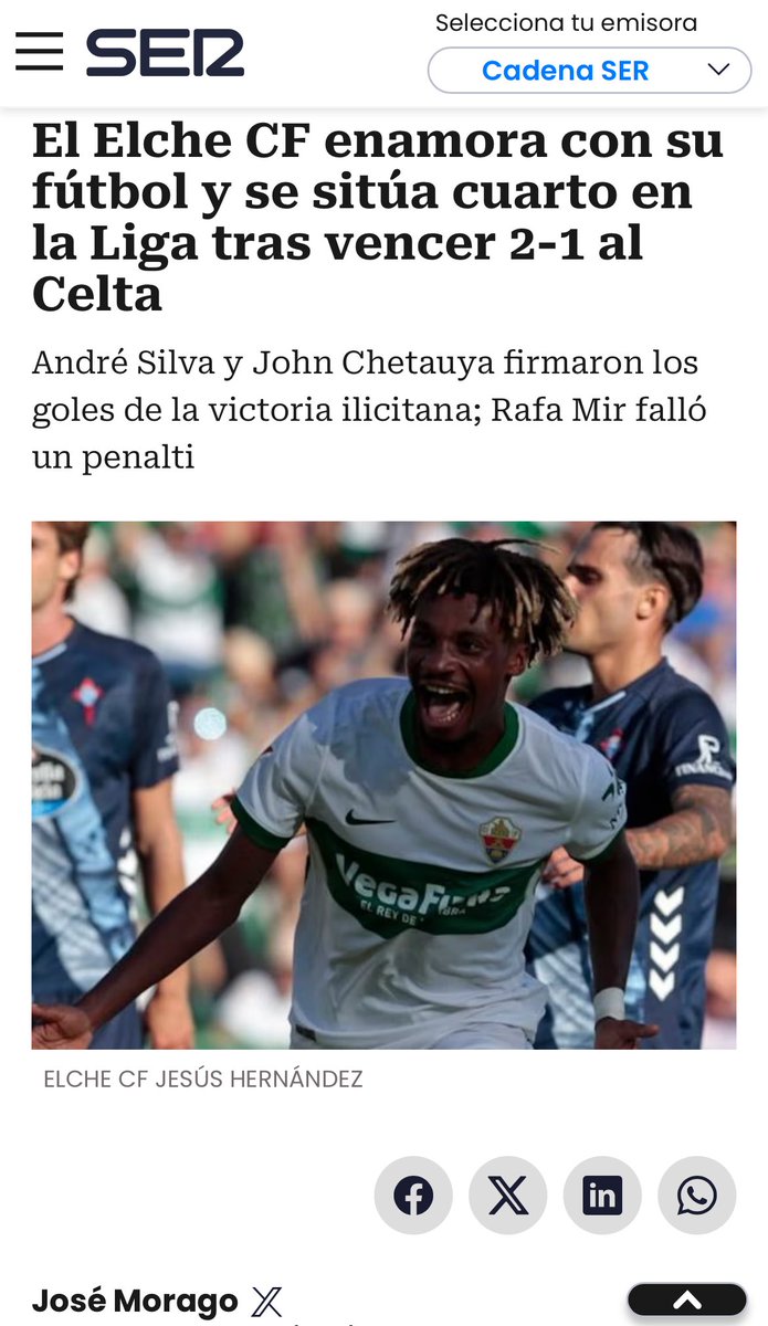 CRÓNICA | ELCHE - CELTA DE VIGO

El Elche CF enamora con su fútbol y se sitúa cuarto en la Liga tras vencer 2-1 al Celta

👀 cadenaser.com/comunitat-vale…

✍🏻 <a href="/PepeMorago/">JOSÉ JIMÉNEZ MORAGO</a> 

#ElcheCelta #ElcheCF #LaLiga #CarruselElche