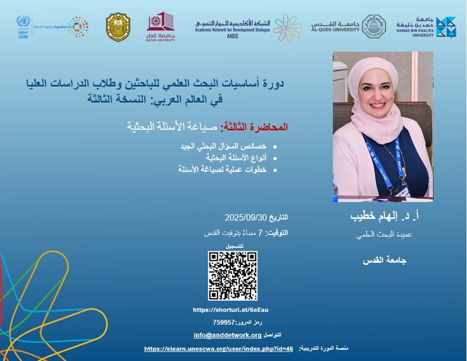 Don’t Miss Out! Join us this Tuesday, September 30th, at 7:00 PM Jerusalem Time for the 2nd session of the ANDD Research Fundamentals Training Course series! Topic: “How to Formulate a Strong Research Question” Register for this session here:
alquds.zoom.us/webinar/regist…
