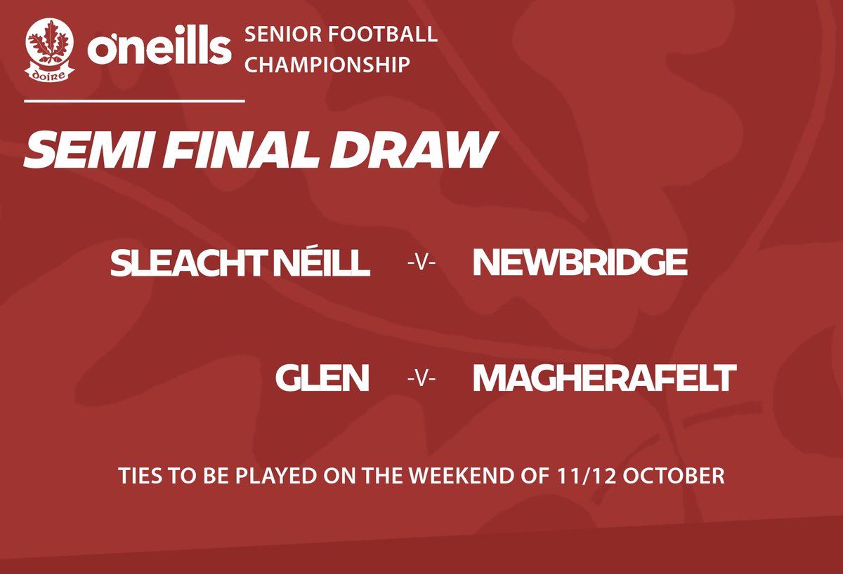 Doiregaa's tweet photo. 🇦🇹 The draw for the Semi Final of the O’Neills SFC has been made this evening at Owenbeg.

Fixture details to be announced later this evening. 

#DerryClubChampionship #DerrySFC https://t.co/emvSnY8pn5