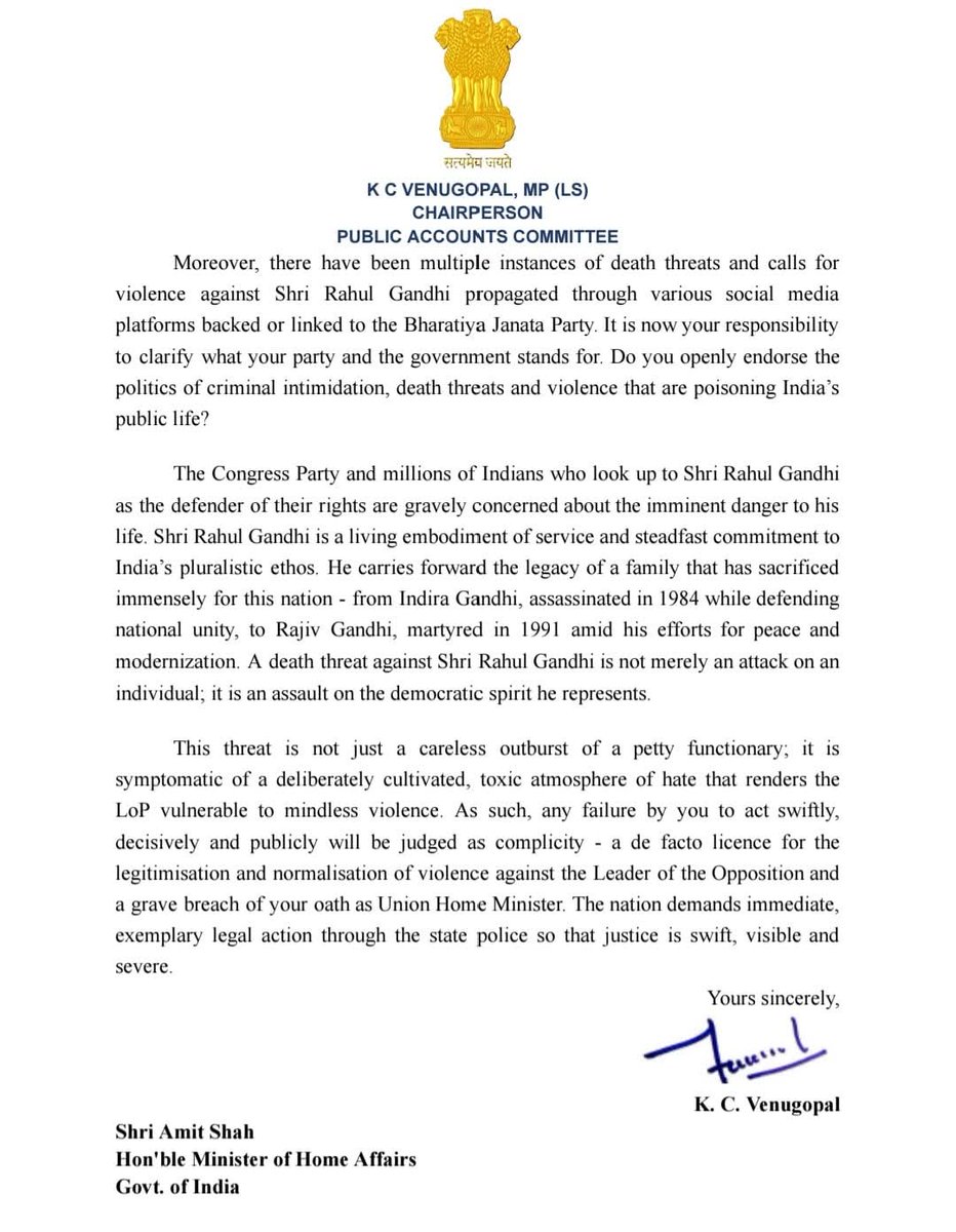 varunchoudhary2's tweet photo. Open call to kill Shri Rahul Gandhi ji by a BJP spokesperson on live television exposes the true face of BJP-RSS.

This is the same ideology that shot Bapu in 1948 and is now targeting Rahul Gandhi Ji.

Let us not forget — the Gandhi family has already lost two of its tallest leaders, Smt. Indira Gandhi ji and Shri Rajiv Gandhi ji, in the service of the nation and defense of democracy.

AICC General Secretary (Organisation) Shri K.C. Venugopal ji has written to the Union Home Minister demanding immediate and stringent action.

I urge the union government to act now, arrest the person and those behind. Exemplary action must be taken so no one dares to descend into such dangerous politics again.