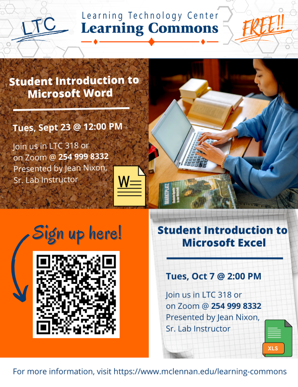“Student Introduction to Microsoft Excel” workshop will be presented by Jean Nixon on Tuesday, October 7 at 2:00pm in LTC 318