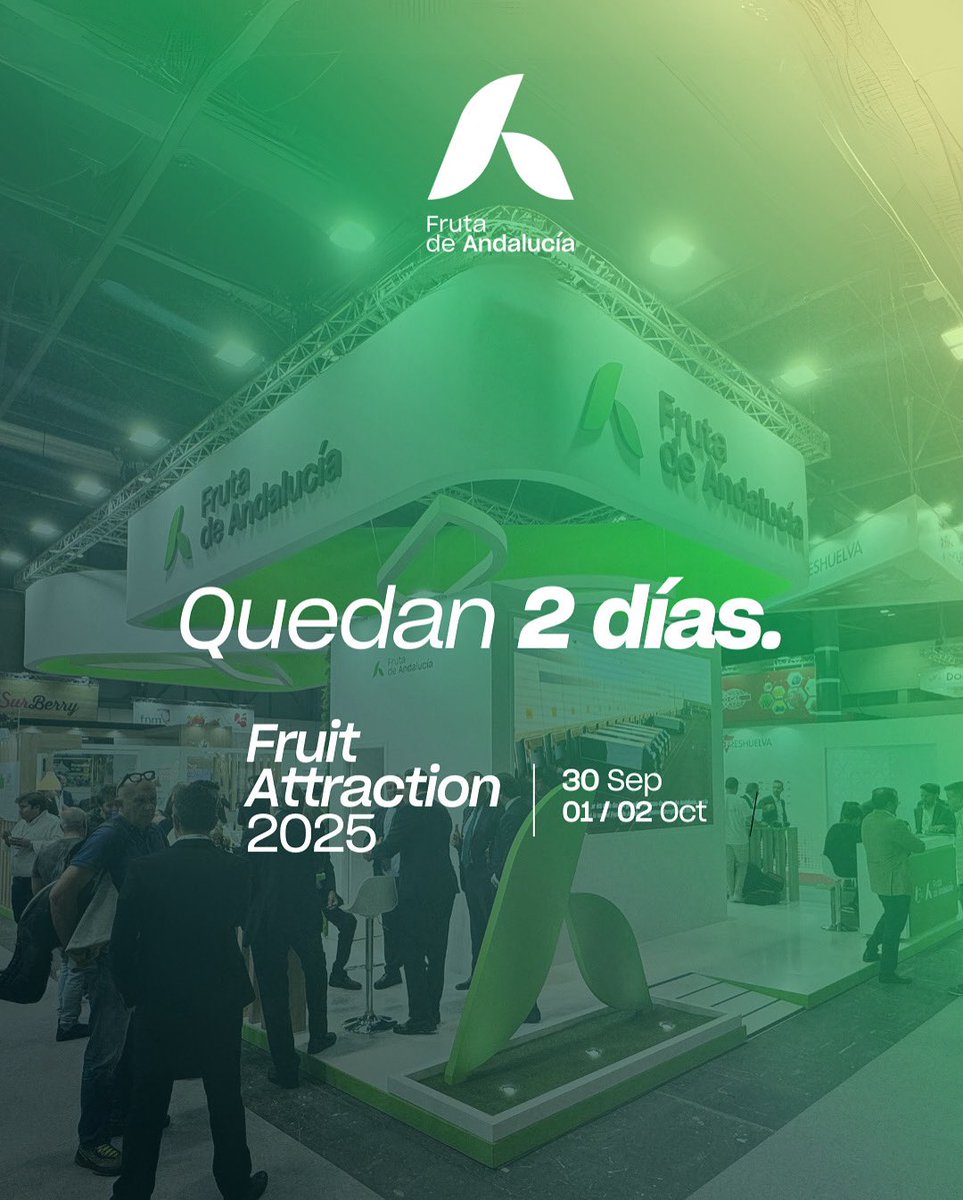 ⏳ ¡Solo faltan 2 días para que FRUIT ATTRACTION abra sus puertas! 🍓🫐🍊Comenzamos la cuenta atrás. Del martes 30 de septiembre al jueves 2 de octubre, FRUTA DE ANDALUCÍA estará en esta feria internacional que reúne en #Madrid a los principales actores del sector hortofrutícola.