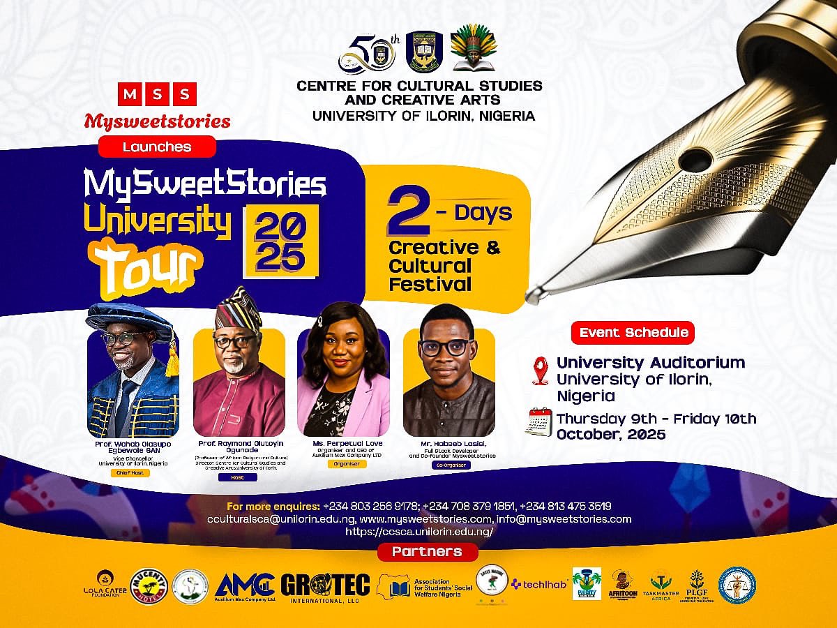 assw_ng's tweet photo. Exciting partnership alert! 🤩🎉 @assw_ng is proud to partner with @MySweetStories for a 2-day storytelling festival at @UniIlorin! 📚🎭 Join us for creative programming, workshops & celebrating African heritage! Sign up: #MySweetStories #ASSW #StorytellingFestival #UniIlorin https://t.co/05rQOmyWKf
