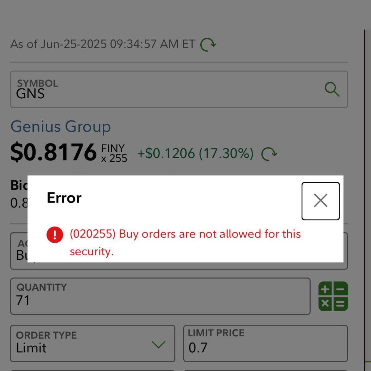 BREAKING 🚨 Robinhood &amp; Fidelity HALT buy orders for Genius Group for nearly FOUR months now $GNS

BECOMING CENTER OF ALLEGATIONS IN ILLEGAL SHORT SELLING

As the company prepares final stages in filing lawsuit for NAKED SHORTING ☑️

Fidelity out of shares? ⬇️🤔
$GME $AMC $QNTM