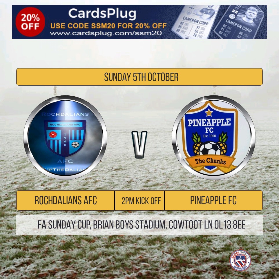 Massive game next Sunday as we are back in the national cup against <a href="/FcPineapple/">Pineapple F.C</a> from the Liverpool Prem. 

Big day for the club and everyone who follows us as we face a top outfit. 

Lads are looking forward to it and are more than up for this one. 

£2 Entry for adults 

#UTFD