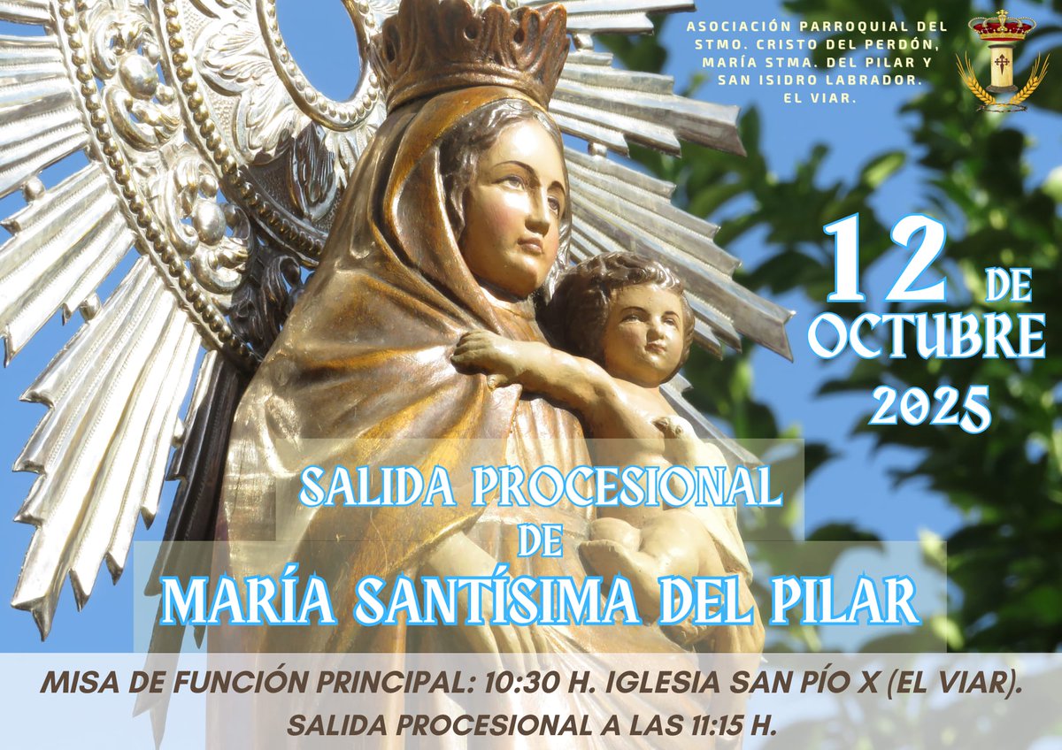 SALIDA VIRGEN DEL PILAR 2025

Os presentamos el cartel anunciador de la Salida de nuestra Santísima Patrona, la Virgen del Pilar, para el próximo 12 de octubre por las calles de nuestro pueblo.

Un saludo, la Junta de Gobierno.