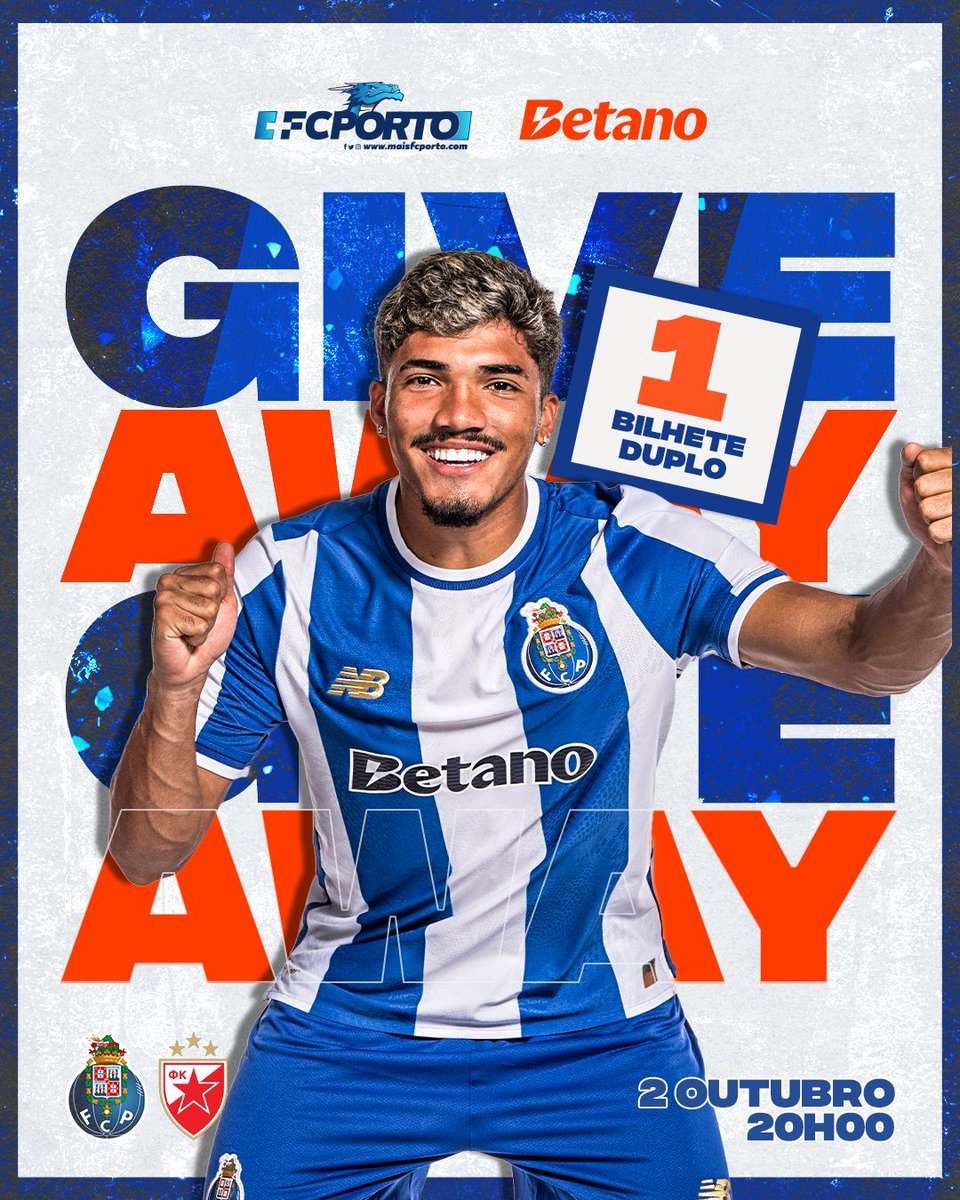 🚨 ALERTA G I V E A W A Y 🚨

A Liga Europa está de regresso ao Dragão! 🐉

Por isso, em parceria com a Betano, estamos a oferecer 2 BILHETES DUPLOS 💥
1️⃣ no instagram
1️⃣ no X/Twitter

FC PORTO🆚Estrela Vermelha

Para participares só tens de:
1️⃣ Seguir o @maisfcporto e a