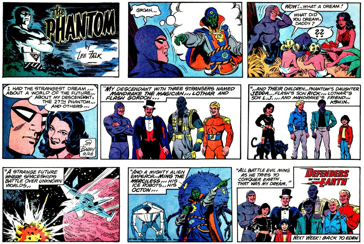 Chronicle_Tweet's tweet image. #OnThisDay back in 1986, 40 years ago #KingFeatures intersected mid story in the newspapers a promo of the then new #DefendersoftheEarth tv series. Interestingly, when the story was published by #Frew, this Sunday strip was removed from the story.