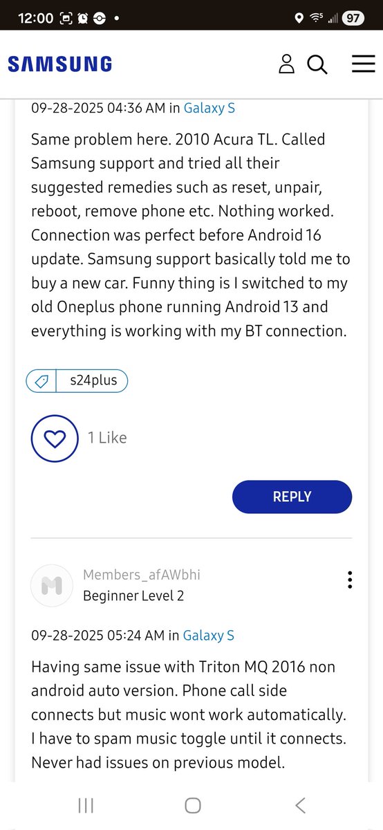 TimxRobot's tweet photo. Hey @SamsungMobile your latest update with One UI 8 has broken my ability to connect via Bluetooth to my car. Ive done everything including removing and repairing devices on both ends. It seems im not the only one either. https://t.co/P1xwI4ovUo