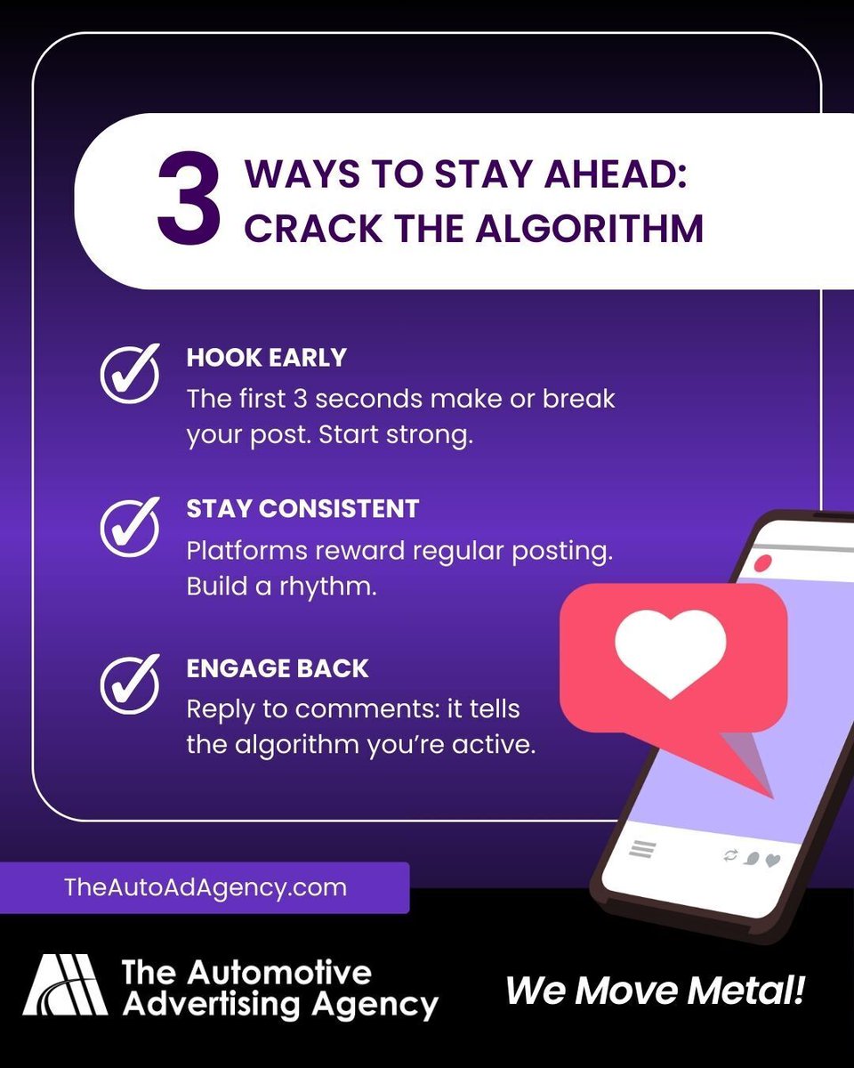 marcocamacho's tweet image. The algorithm doesn’t sleep, and neither do we.
Keep your content sharp, steady, and social to stay on top of your audience’s feed.
🌐 Visit: TheAutoAdAgency.com
#SocialMediaTips #AlgorithmHack #AutoMarketingExperts #DigitalDrive