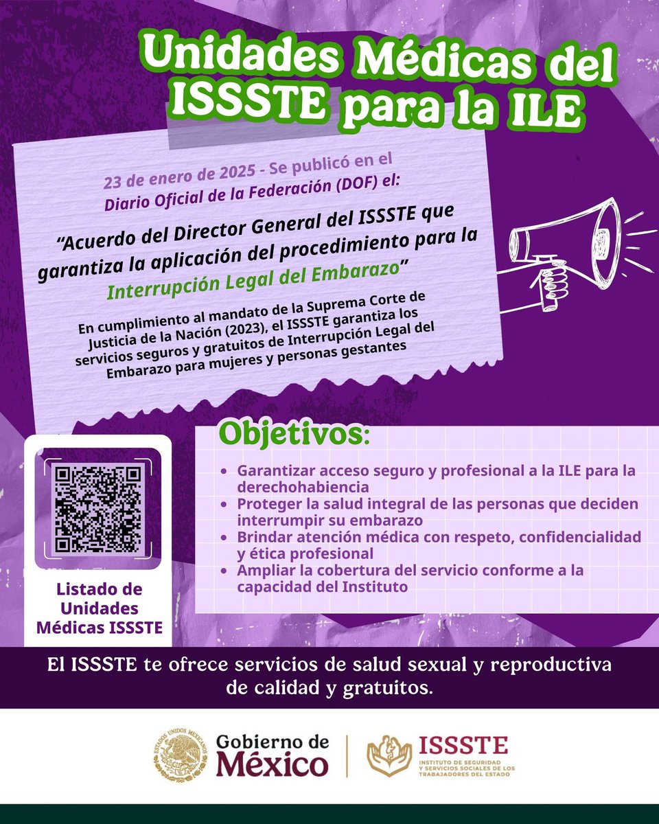 #ISSSTE refuerza su compromiso con tu salud y derechos La Interrupción Legal del Embarazo #ILE se brinda de manera segura, profesional y confidencial en diferentes Unid. médicas del país gob.mx/issste/articul Todos los servicios médicos son gratuitos para los derechohabientes