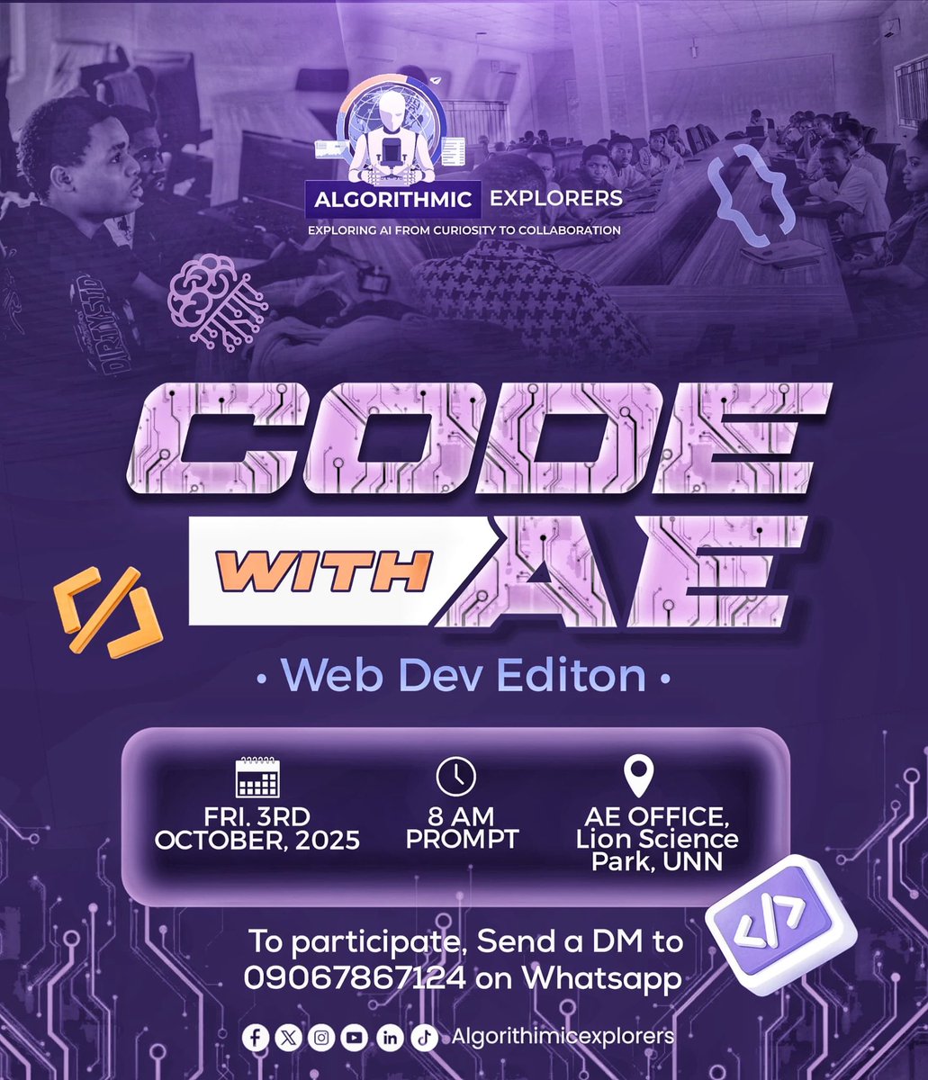 AlgorithmicExp_'s tweet image. Got web dev skills?
Join Code with AE: Web Dev Edition! a chill space to solve problems, vibe with other devs &amp;amp; have fun.  
No winners. No losers. Just code. Just grow.  

🔗 Register via link in comments!  
#CodeWithAE #WebDev #Programming #AlgorithmicExplorers