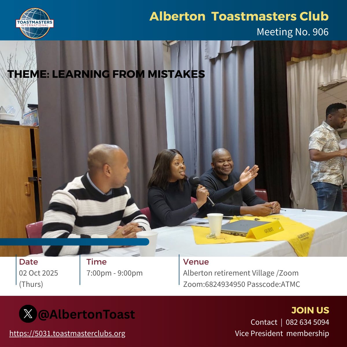 AlbertonToast's tweet photo. Another day another opportunity to improve our confidence level.Please join us on 02 Oct 2025.This is a platform to learn how to speak in front of people.See you there…#Alberton #thokoza #toastmasters #katlegong https://t.co/QyFxSBFpWy