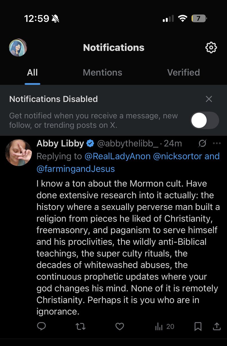 RealLadyAnon's tweet photo. @abbythelibb_ @nicksortor @farmingandJesus Guess my 30 year membership and study pales in comparison to your extensive internet research. 
The Book of Mormon is another witness that Jesus is the Christ, the Son of God. By the fruits you should know them. Best of luck to you, as a fellow bible believing Christian. Blocked. https://t.co/QYlx3dxp2X