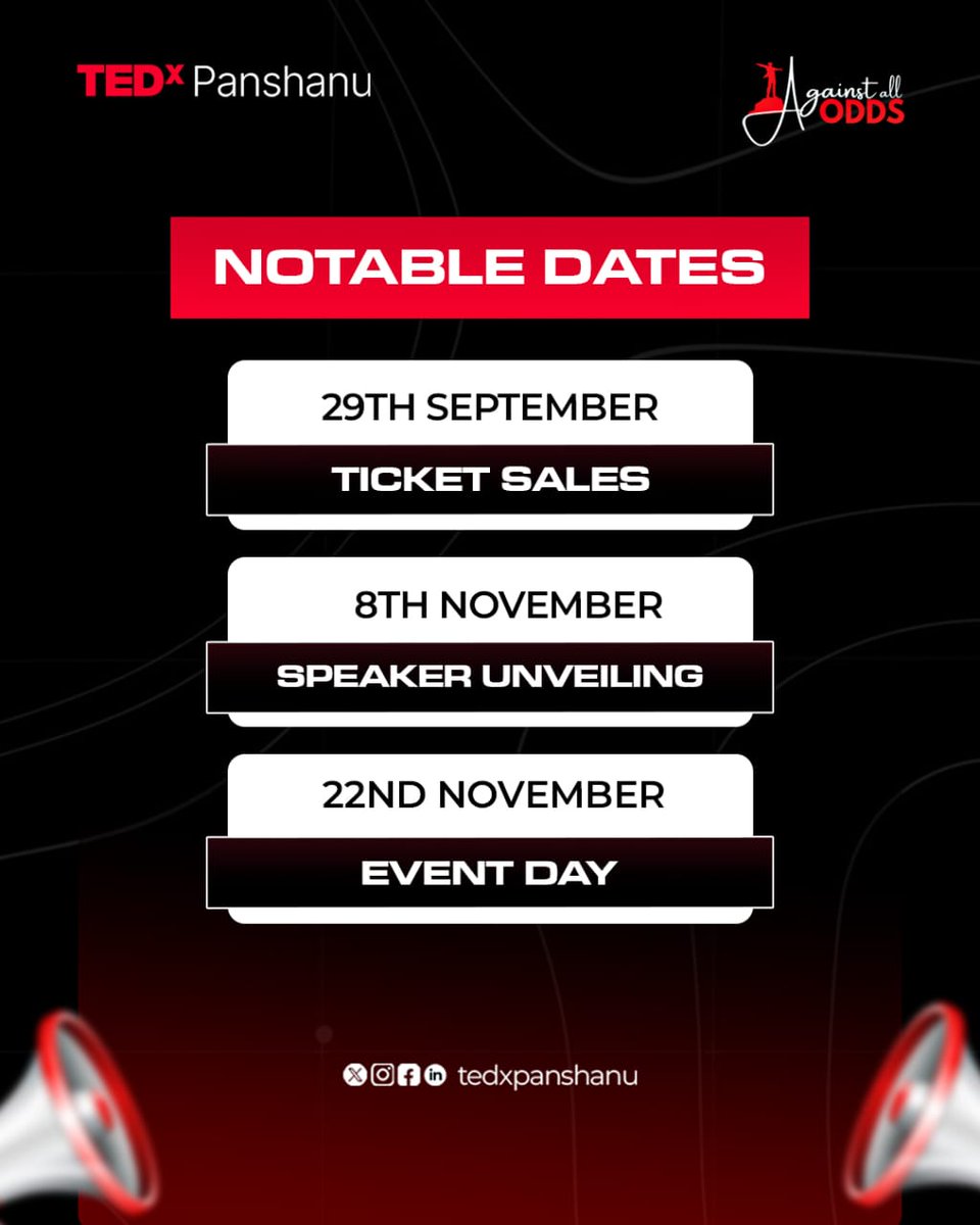 TEDxPanshanu's tweet photo. Get your calendars ready, because TEDxPanshanu is about to make its mark. 🔴 The moment you’ve been waiting for is almost here. Stay tuned, your calendar is about to get a red circle.
#AgainstAllOdds
#TEDxPanshanu
#tedxevents
#tedxexperience
#TEDxPanshanu2025 https://t.co/jvVoS8FhQu