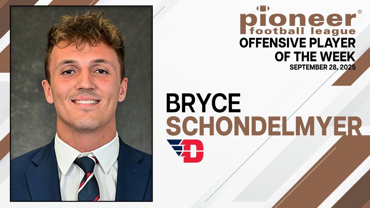 𝗧𝗵𝗲 𝗣𝗙𝗟 𝗢𝗳𝗳𝗲𝗻𝘀𝗶𝘃𝗲 𝗣𝗹𝗮𝘆𝗲𝗿 𝗼𝗳 𝘁𝗵𝗲 𝗪𝗲𝗲𝗸!

Bryce Schondelmyer, Dayton
Schondelmyer threw five first-half touchdowns and needed only 36 minutes to amass 333 passing yards in a PFL victory against Stetson.

Story > pioneer-football.org/news/2025/9/28…

<a href="/DaytonFootball/">Dayton Football</a>