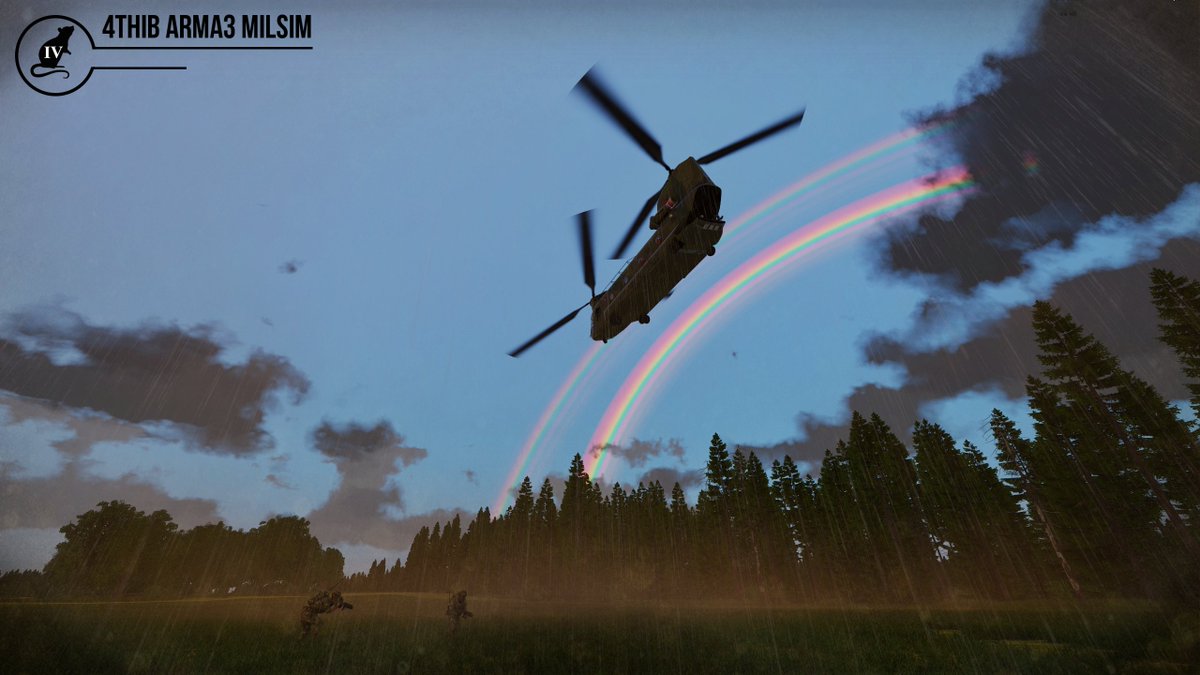 A Chinook of No. 18 Squadron departs the AO after reinserting members of Burma Coy.

Did you know? We have a fully fleshed-out reinsert chain, from Platoon Medics treating in the field to reinsert by Chinooks!

Get Involved: 4thib.co.uk/joinus.php 

#Arma3 #Milsim <a href="/ArmaPlatform/">Arma Platform</a>