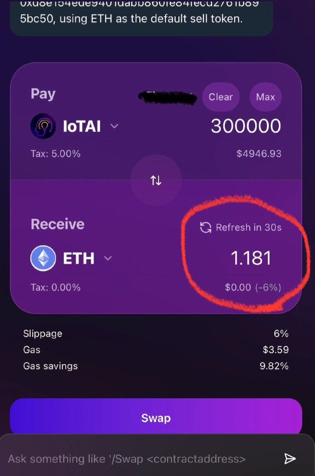 mezzona1's tweet photo. Buying more $IOTAI  💎 
More people should know about that gem.
Unique use-case, imagine DEX with AI: Save money by swapping your coins. Save up to 70% gas fees and pay zero taxes.
Liquidity locked for 100 years, big partnerships done like @AstraLabs_Inc @cryptoautos  @PaalMind @iqofficial etc. More huge updates and collaborations coming soon.

P.S. look how much you will save via $IOTAI Network compared to Uniswap and Metamask 👀

Check that out @IoTAI_network 
Telegram group https://t.co/Zg9lZwvOXX