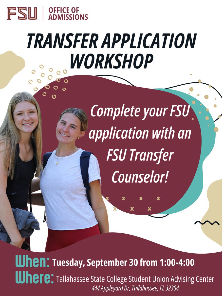 💙💛 TSC Students — planning to transfer to FSU? ❤️💛 Stop by our Transfer Application Workshop on Tuesday, 9/30, 1:00 – 4:00 for help completing your app!

#NowANole #FSUAdmissions