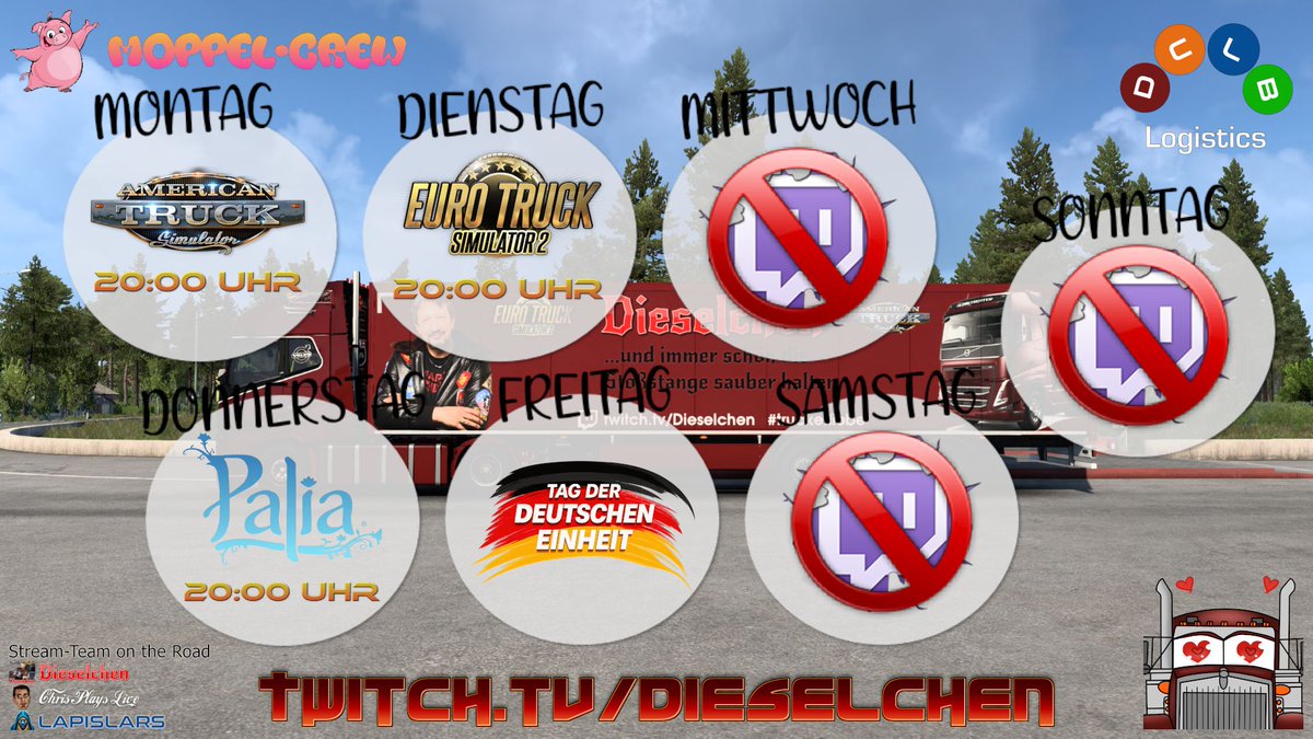 Das_Dieselchen's tweet photo. Hi ihr Lieben ❤️
Streamplan KW40/25
Mo. 20.00 #AmericanTruckSimulator
Di. 20.00 #EuroTruckSimulator2
Do. 20.00 #Palia
Fr. Tag der Deutschen Einheit
https://t.co/gazK9vDgy8
#SCSSoftware #Truckerliebe #MoppelCrew #TwitchDE #TwitchTV #GermanStreamer #Twitch #Schedule https://t.co/F6q1OGpsgT