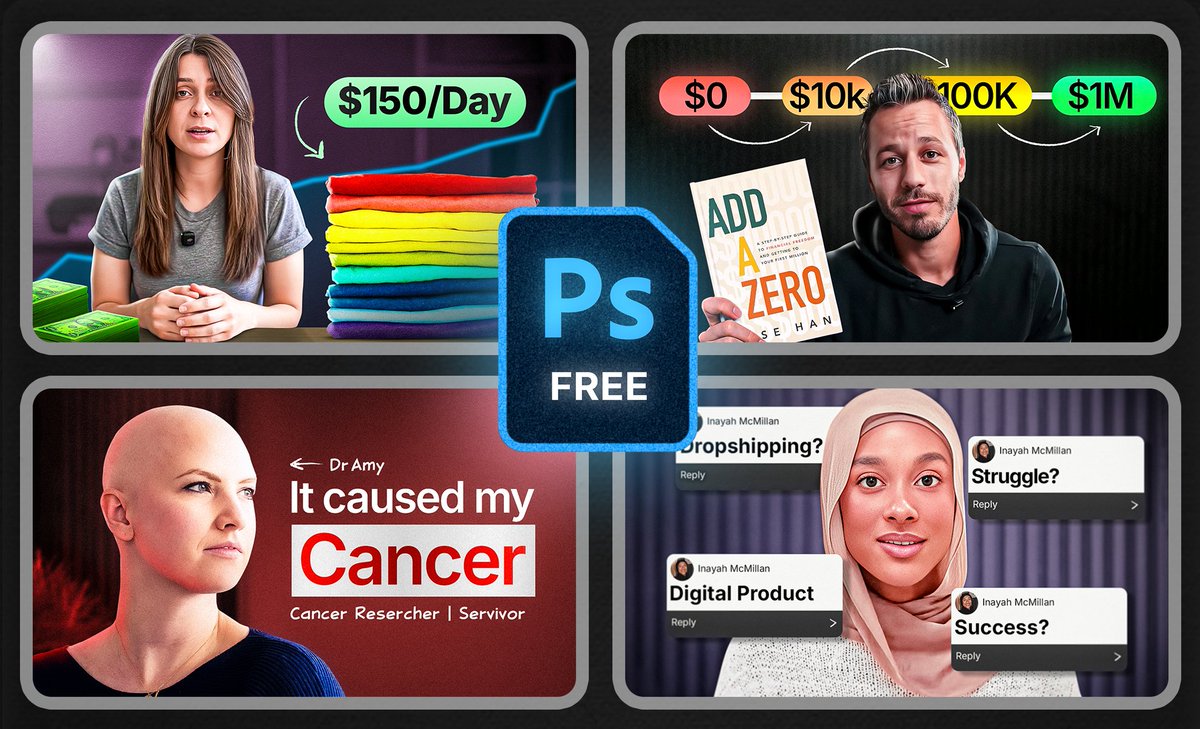 Want these 4 thumbnail PSDs to help you learn and level up your thumbnail game?  

To get these,
Like ❤️, Retweet 🔁
Comment "PSD"    
(Must be following me!)
