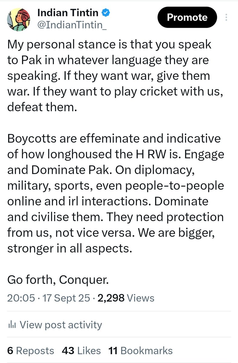 I am not a Modi fan but he is right here. Pakistan cannot deny cricket beatings like they deny 11 airbases being bombed. Imagine the psychological damage to their men as they lose constantly to India and their women simultaneously simp for Abhishek Sharma and Shivam Dube.