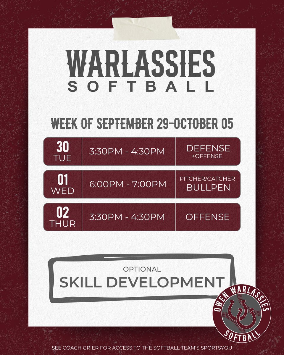 This week’s optional skill development schedule for OHS softball! 

Week of: 9/29 - 10/05

Another productive week of skill development behind us and we’re looking forward to building on those skills in the week ahead. Take initiative, set the tone, and lead by example!