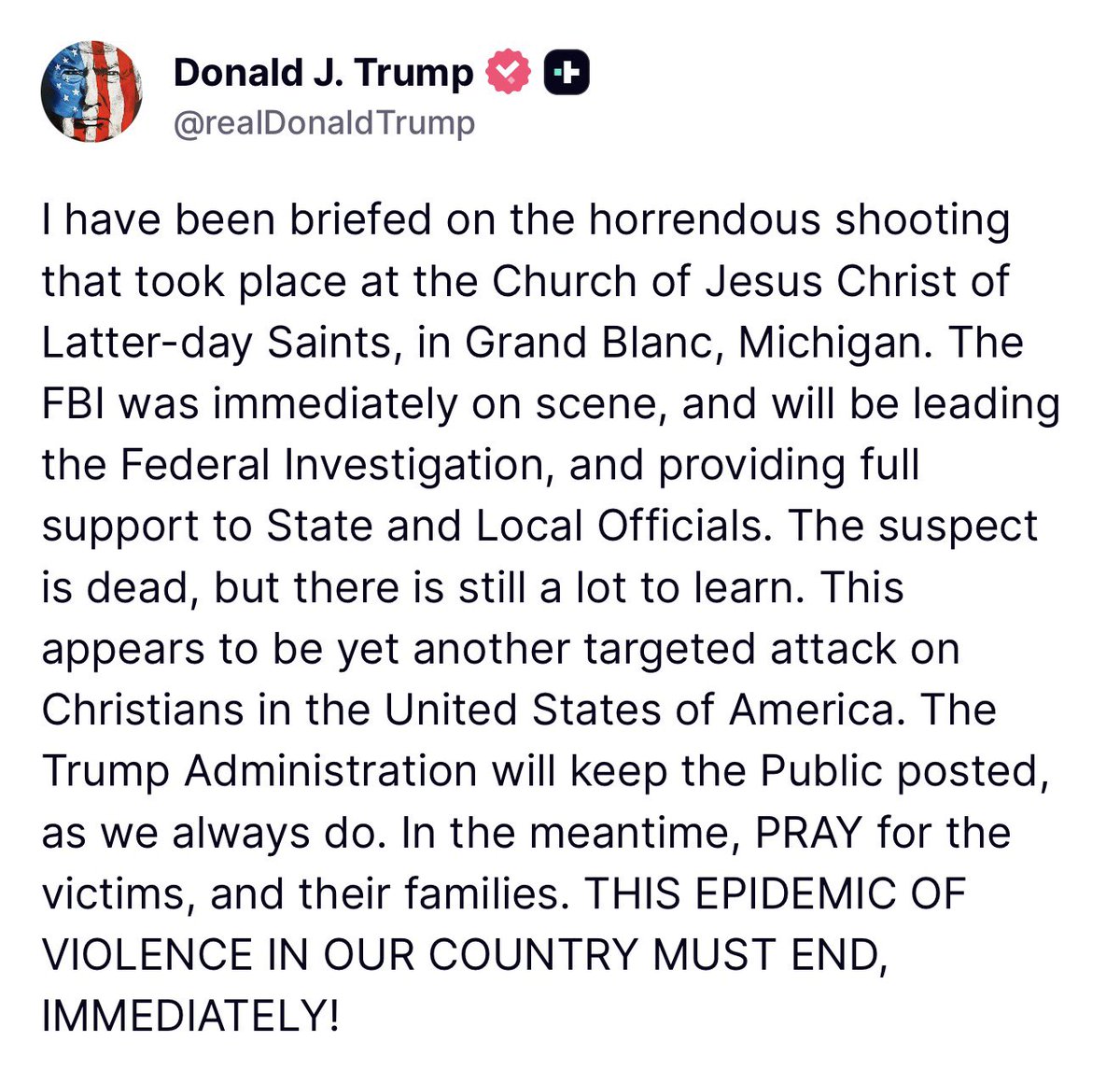 MAGAVoice's tweet photo. BREAKING 🚨 President Trump calls on everyone to PRAY for the Church victims in Michigan 🙏 

WE ARE UNDER ATTACK https://t.co/75dqVYwPQO