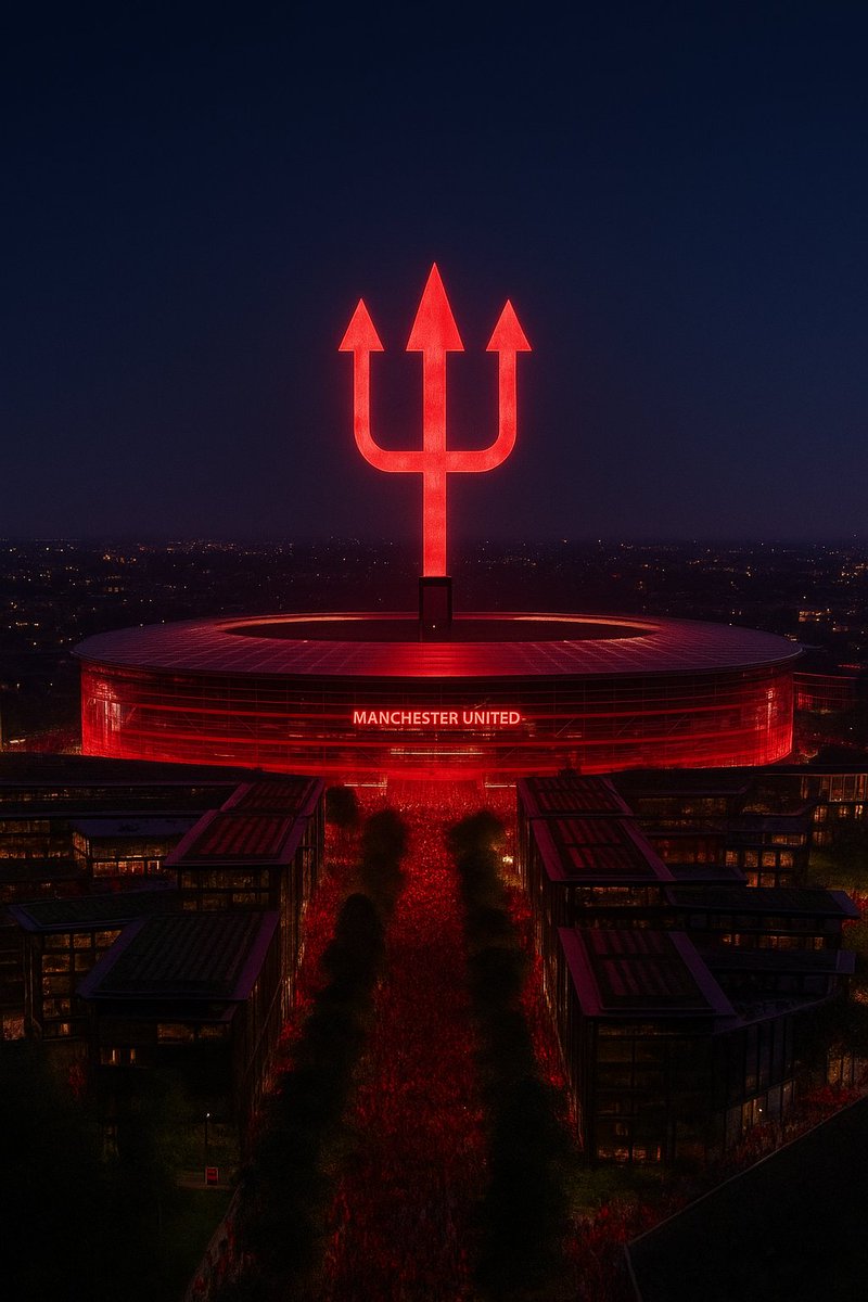 Not exactly how I envisioned but this is the best AI gave ha! Instead of the weird circus tent spokes, imagine a trident like below, but smaller, and placed on the stand facing the walkway. Illuminating the stadium and the sky! Unique, relevant and bloody beautiful #OldTrafford
