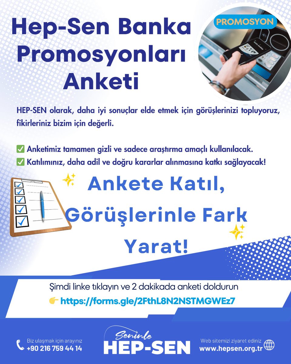 Hep-Sen Banka Promosyonları Anketi

HEP-SEN olarak, daha iyi sonuçlar elde etmek için görüşlerinizi topluyoruz, fikirleriniz bizim için değerli.

✅ Anketimiz tamamen gizli ve sadece araştırma amaçlı kullanılacak.
✅ Katılımınız, daha adil ve doğru kararlar alınmasına katkı