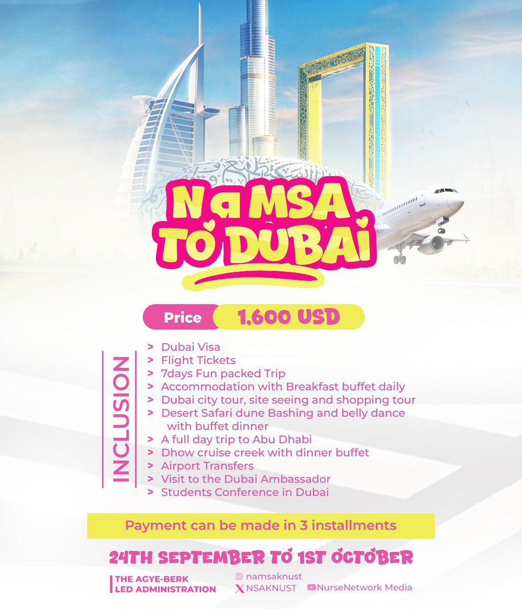 NAMSA_KNUST's tweet image. 📸✨ From KNUST to Dubai! 🇬🇭✈️🇦🇪
Our NaMSA fam enjoying an unforgettable experience in Dubai — exploring new cultures, bonding as a team, and flying the NaMSA flag high 💚🤍.
The memories, the vibes, the lessons… priceless! 🌍💫
#NaMSAInDubai #GlobalVibes #StudentExperience