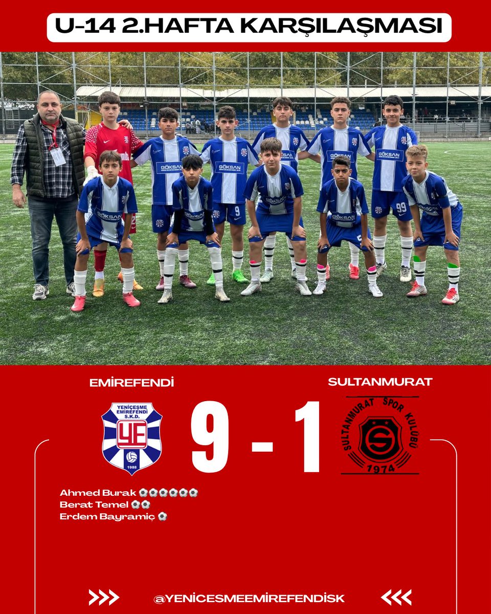 emirefendisk's tweet image. 📢 U-14’ümüz Gol Oldu Yağdı! ✨⚽️

U-14 takımımız, ligin 2. haftasında sahasında Sultanmurat’ı konuk etti.
Beyoğlu Stadı’nda oynanan mücadelede ekibimiz ilk yarıyı 5-1, karşılaşmayı ise 9-1 kazanarak yoluna kayıpsız devam etti. 🔥💪

#Emirefendi #YES2025 #U14 #Futbol