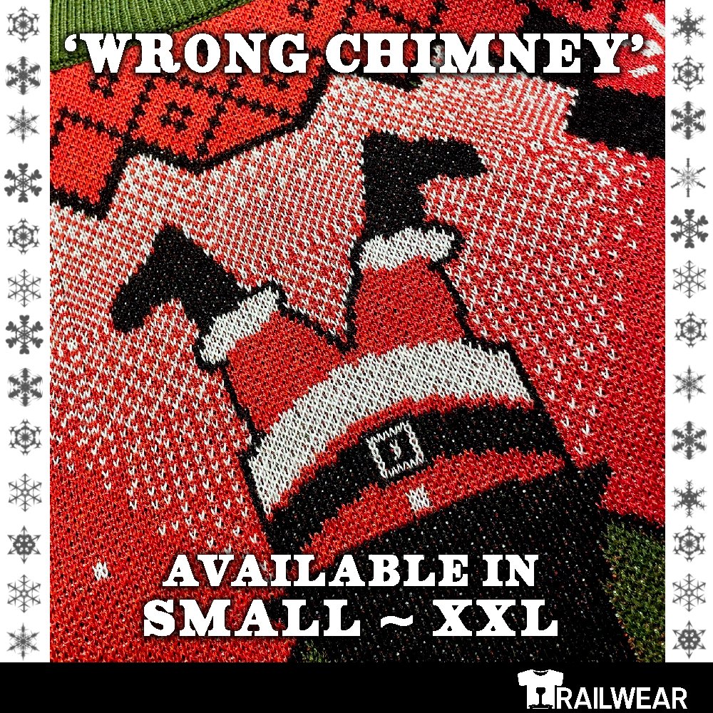 RAILWEAR's most popular Christmas Jumper design is now available to pre-order in a fully knitted form.

'Wrong Chimney' shows an unsuspecting Santa getting stuck down the chimney of a GWR Pannier Tank!

Pre-order now for delivery in time for Christmas.

railwear.uk