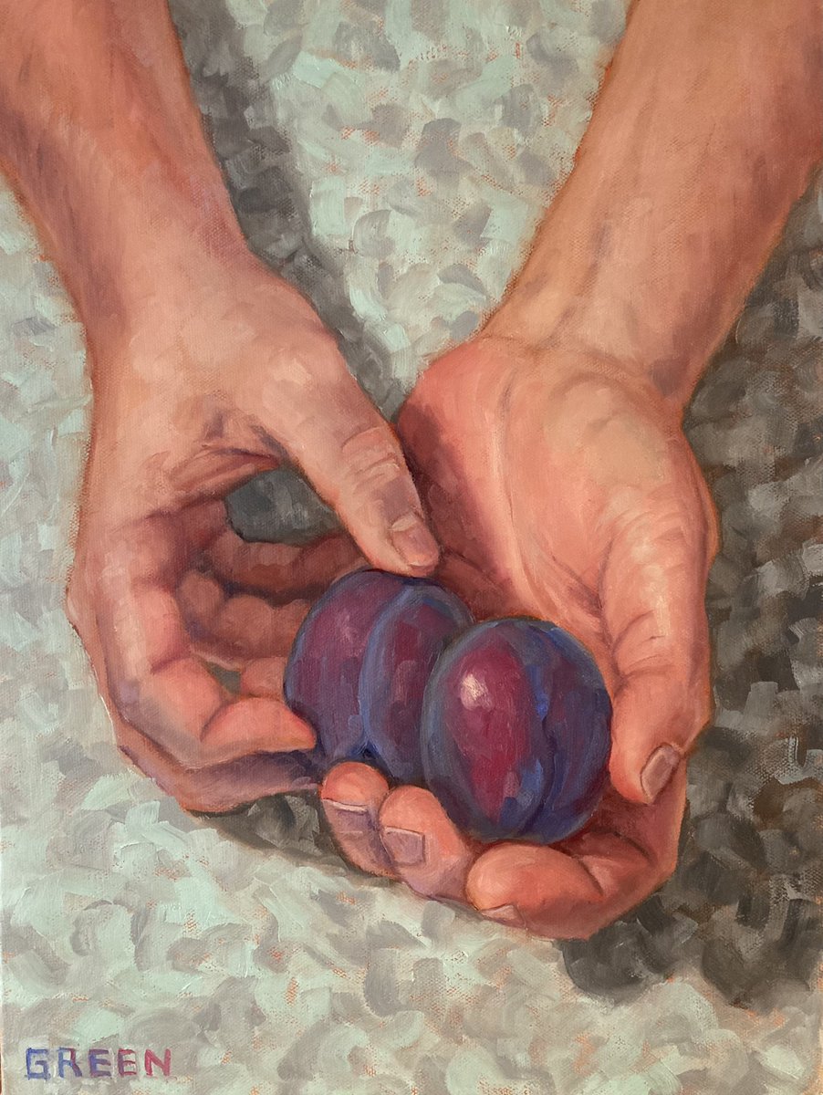 “Dan’s Plums”, 12” x 16”, oil on canvas, Original and prints available. Continuing with the fruit in hand paintings I have plans for at least one more. These are a lot of fun and great studies for me. 

linktr.ee/DanielWGreenArt